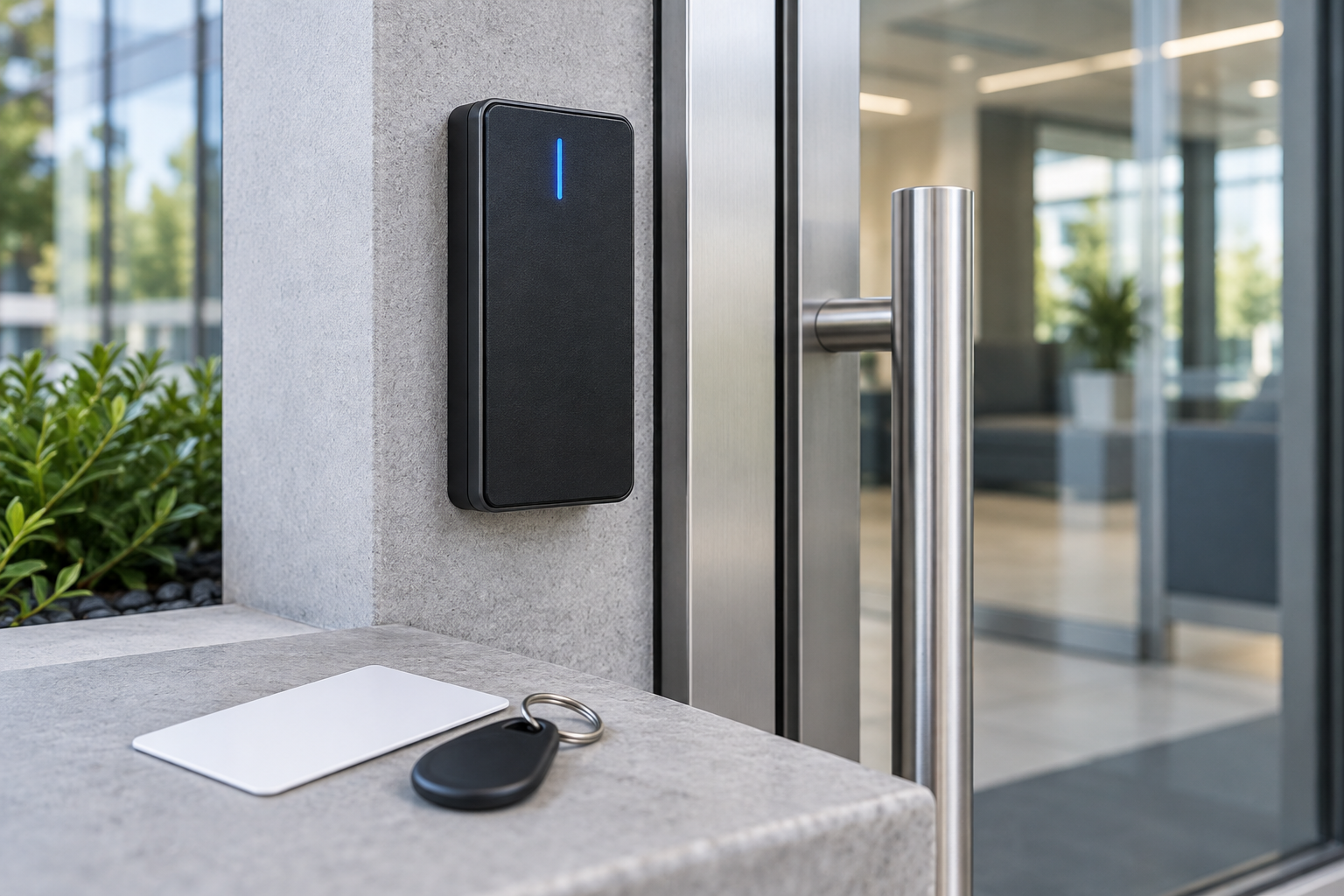 Illustrative access-control reader, card and key fob