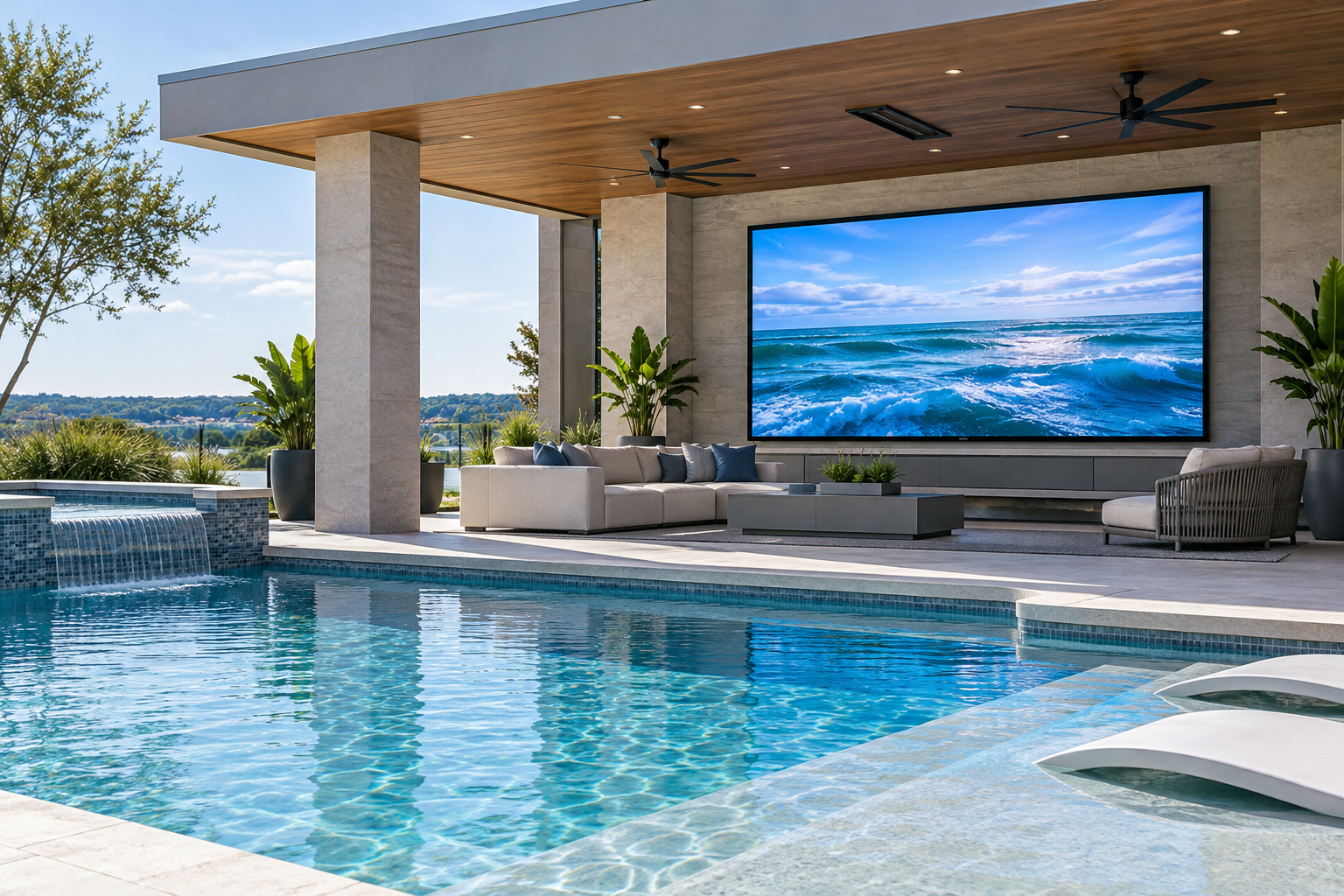 Illustrative poolside video wall and outdoor lounge