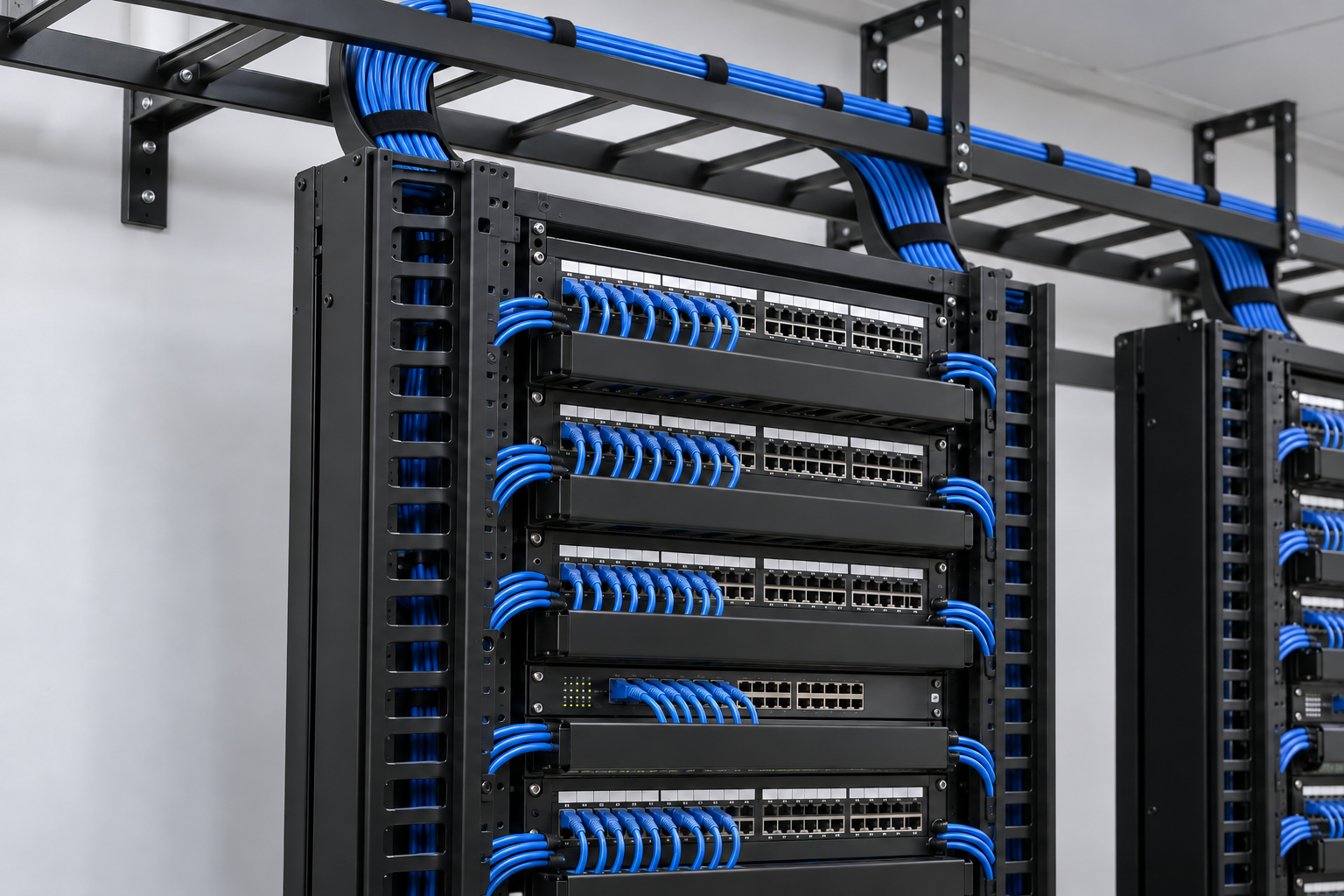 Generated illustration of network racks, supported cable runway and neatly dressed blue cables
