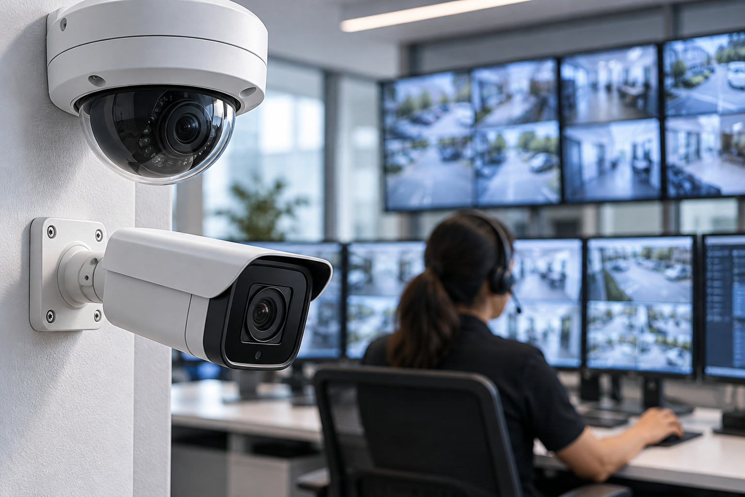 Illustrative surveillance cameras with a security monitoring operator