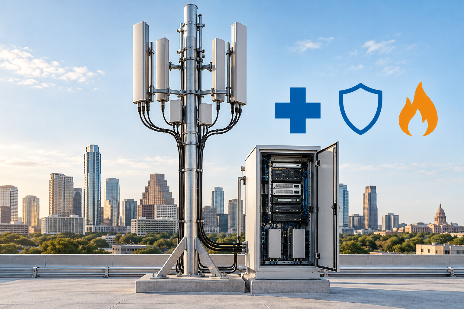 Illustrative radio antenna with generic medical, shield and fire symbols
