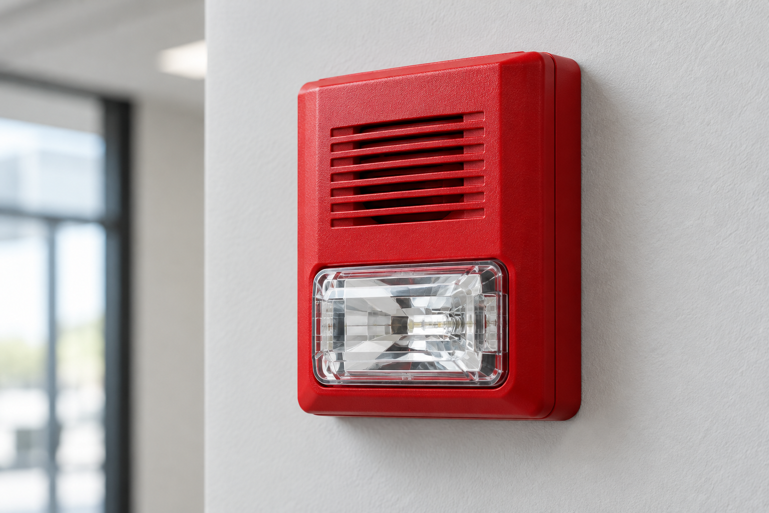 Illustrative red fire-alarm horn and strobe device